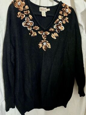 Faucetti Vintage Black V-Neck Sweater with Gold & Silver Sequin Floral Trim
